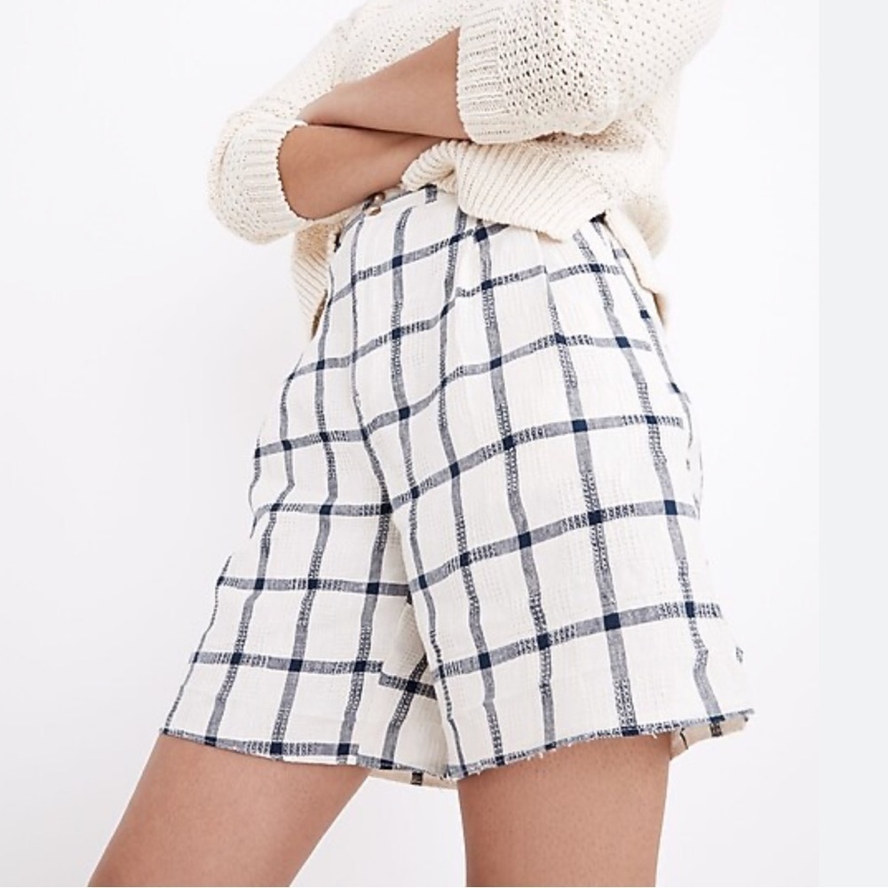 MADEWELL Linen Blend Pleated Mid-Length Shorts Windowpane Size 2